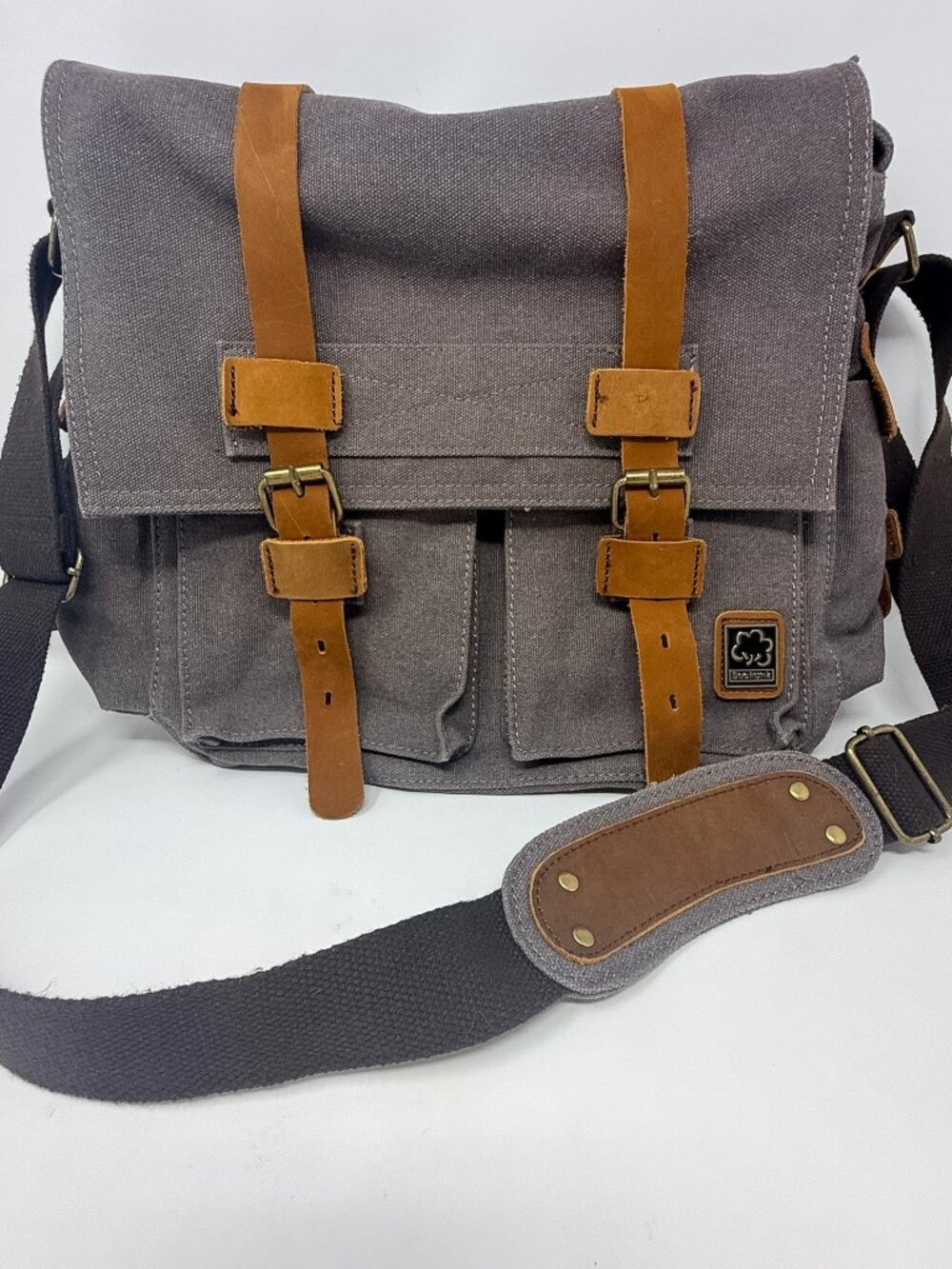 Sechunk Vintage Military Leather & Canvas Messenger Satchel Brown/Sand Small